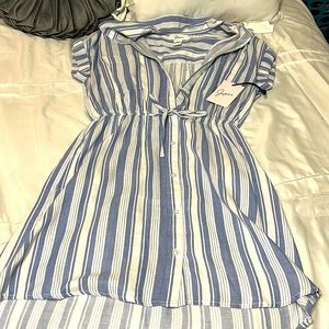 Japna Blue and White stripes button up high low dress.